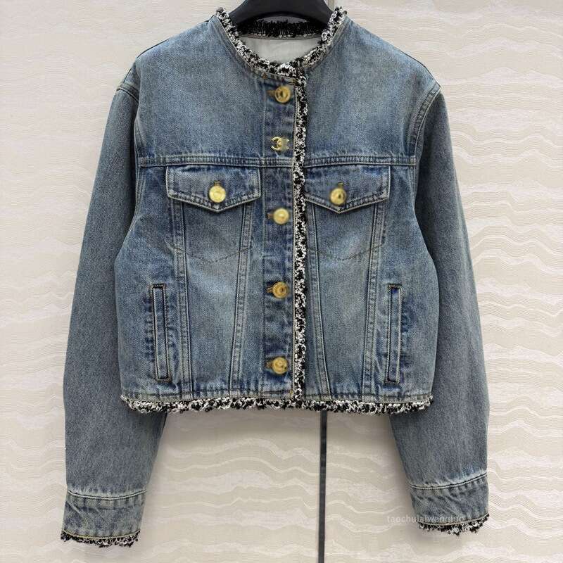 Designer Vintage Blue Frayed Jacket, Distressed Style Round Neck Short Loose Denim Coat For Women Aw90395 99ee