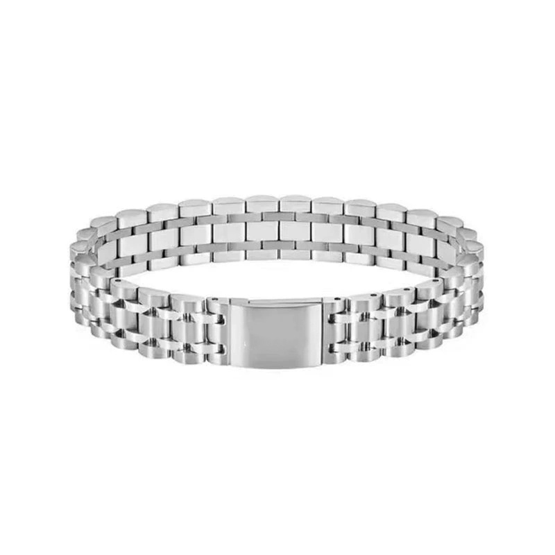 Offre spéciale mode hommes argent or Rose noir acier inoxydable couronne ronde BO carré large 12mm chaîne montre Bracelets bijoux un cadeau