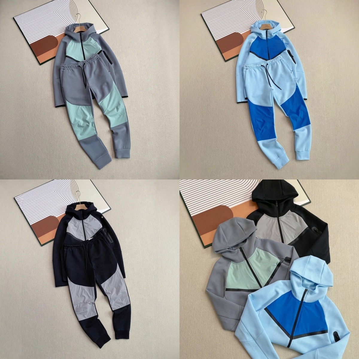 Ensemble veste et pantalon de survêtement à capuche en tricot tissé patchwork co-marqué à la mode, survêtement athlétique quotidien décontracté,