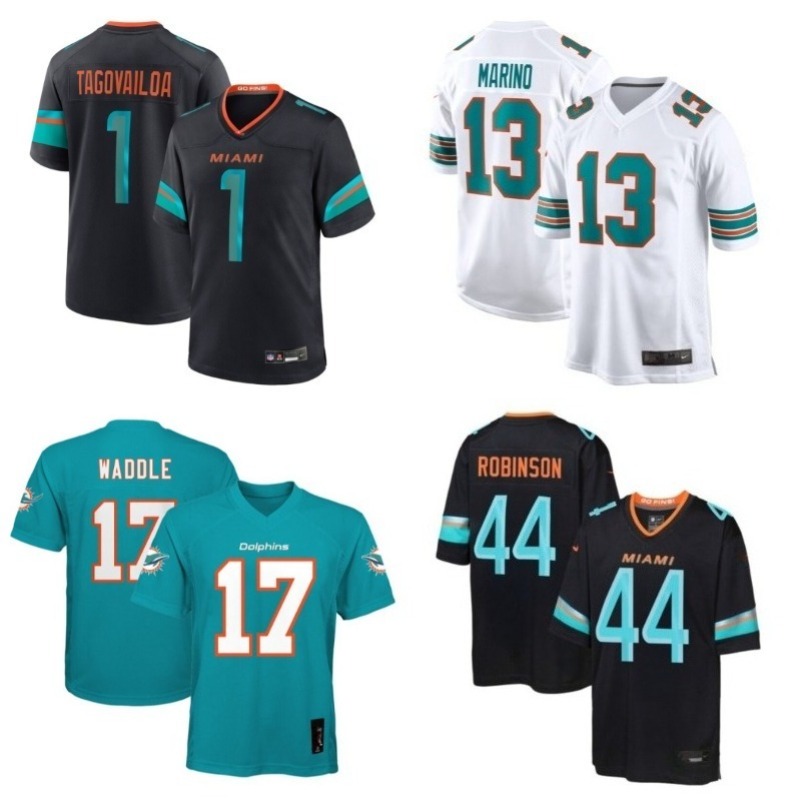 Dolphiss Football Jersey 13 Dan Marino 1 Tua Tagovailoa 10 Tyreek Hill 17 Jaylen Waddle Chop Robinson Custom Any Name Number Men Women Kids Game Jer