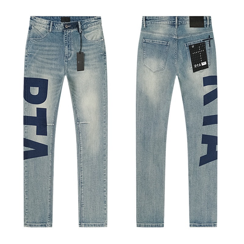 Mens Skinny RTA Jeans for Men Women Unisex Washed Vintage Distressed Ripped Embroidered Letter Heavyweight Denim Long Pants Streetwear-image-1100158309