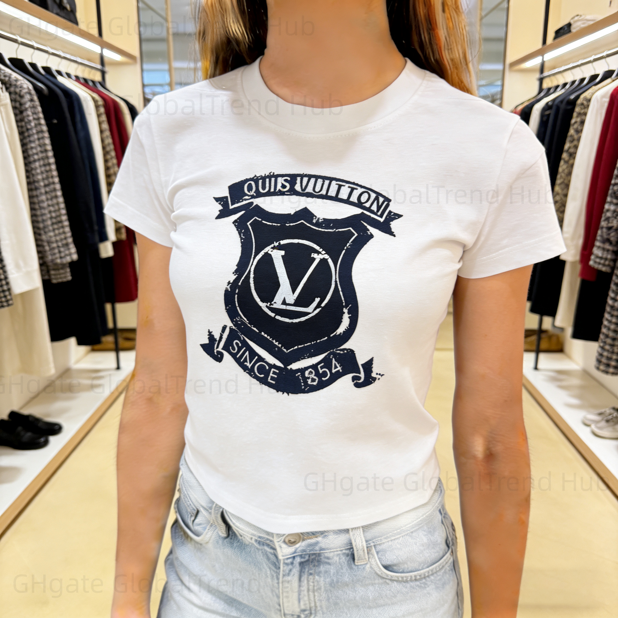 designer clothes women Designer t shirts, Women's Luxury Inspired Crest Print Crop Top, 2026 New Y2K Streetwear, Casual Short Sleeve Tee for Su