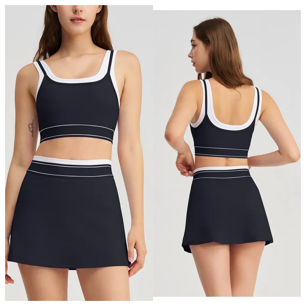 Yoga Women 2 Piece Seamless Yoga Suit, Contrast Color Sports Bra and Tennis Skirt, Elastic Workout Sportswear for Gym Training and Daily Exercise