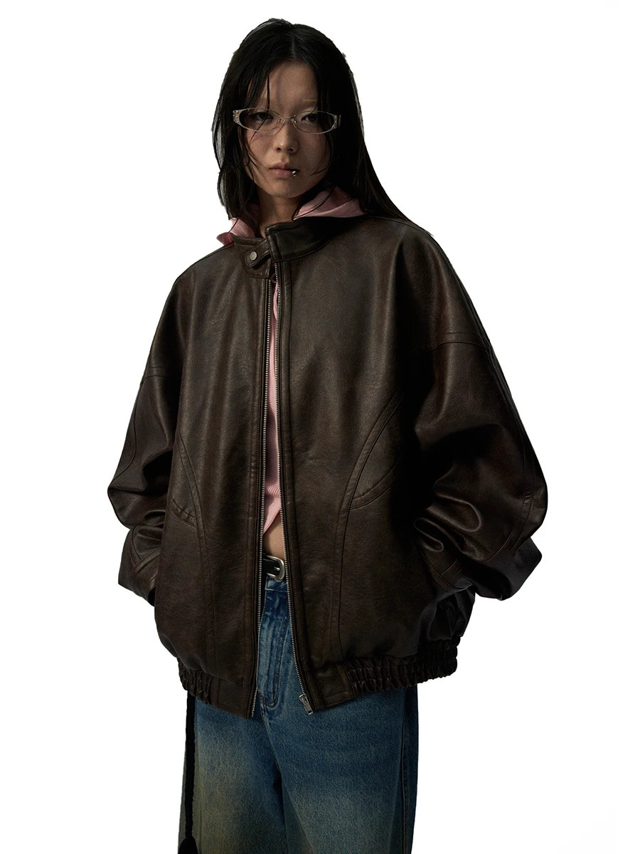 Lautaro Autumn Cool Handsome Distressed Brown Oversized Pu Leather Jacket Women Zippper Stand Collar American Retro Clothing 260403BJ