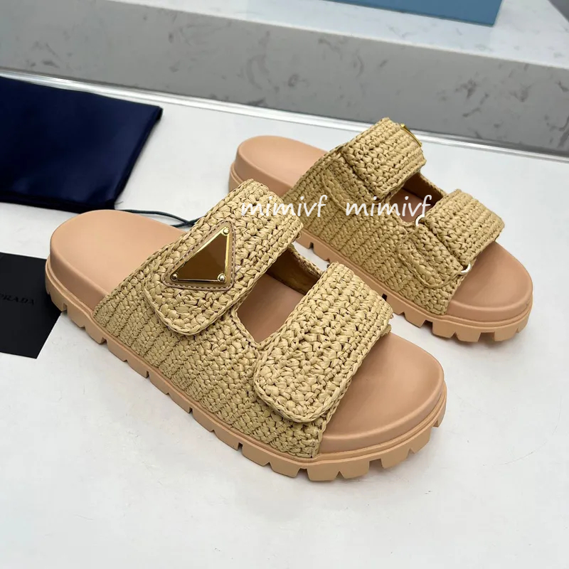 designer slides sandal slippers flip flops 10a new woven metal thick soled casual wear with exposed toes in a straight line slipper for women design