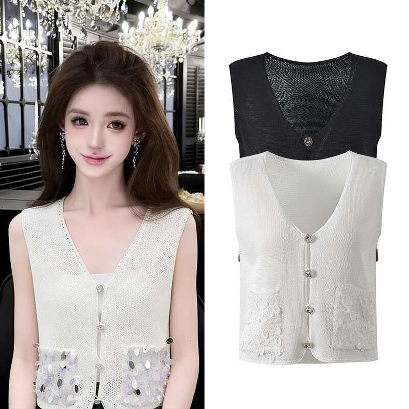 Beaded Sequin Knitted Sleeveless V-Neck Tank Top, Slim Fit Polyester Vest, Black and White Travel Casual Outdoor Sports