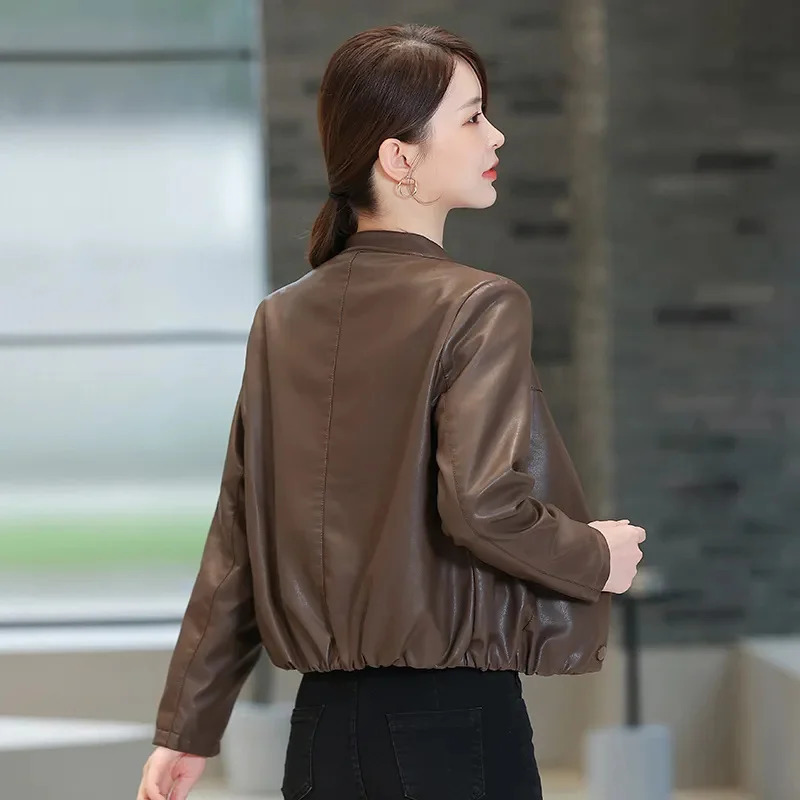 Loose Skinny Leather Jacket Womens Short Jacket Spring And Autumn Korean Casual PU Leather Jacket Female Outwear Black 260403BJ