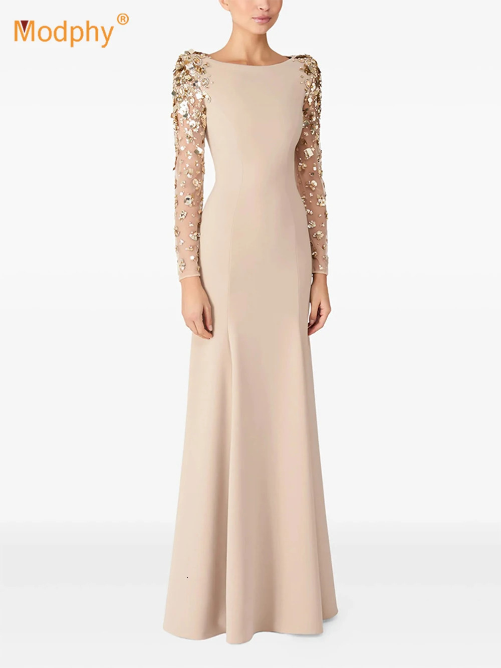 Modphy Mermaid Sequin Evening Dress Beaded Chiffon Lace Floor Length Gown with Long Sleeves for Women 260401