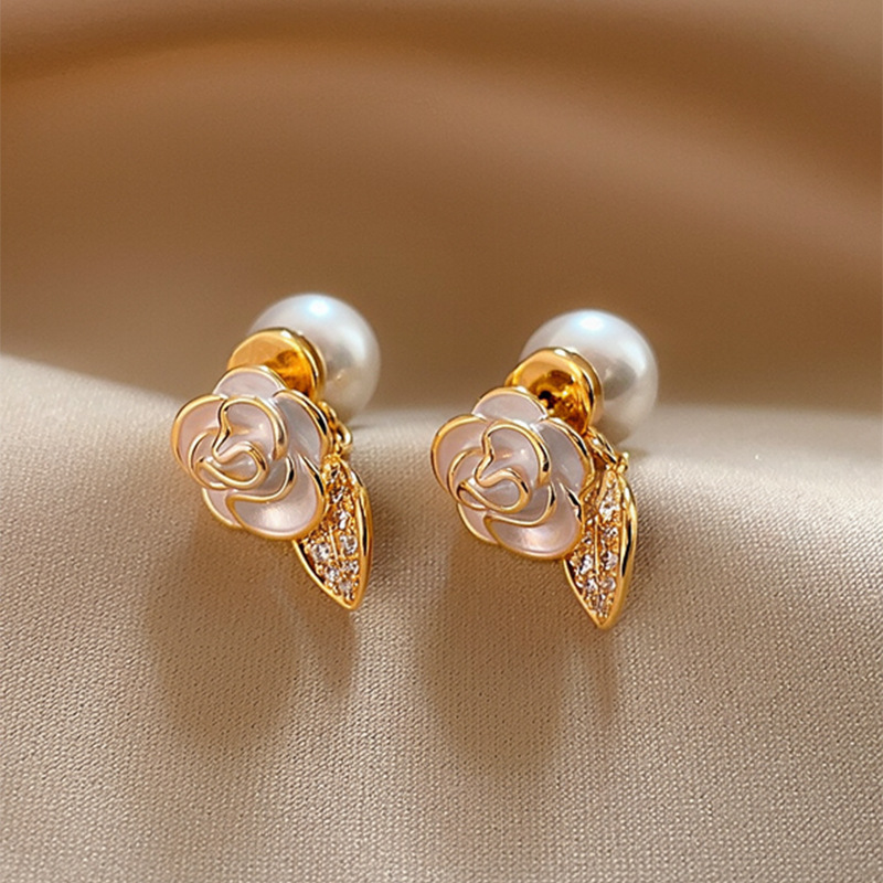 Elegant and stylish camellia pearl zirconia stud earrings for women, versatile design, 2026 new popular ear accessories-image-1100392813