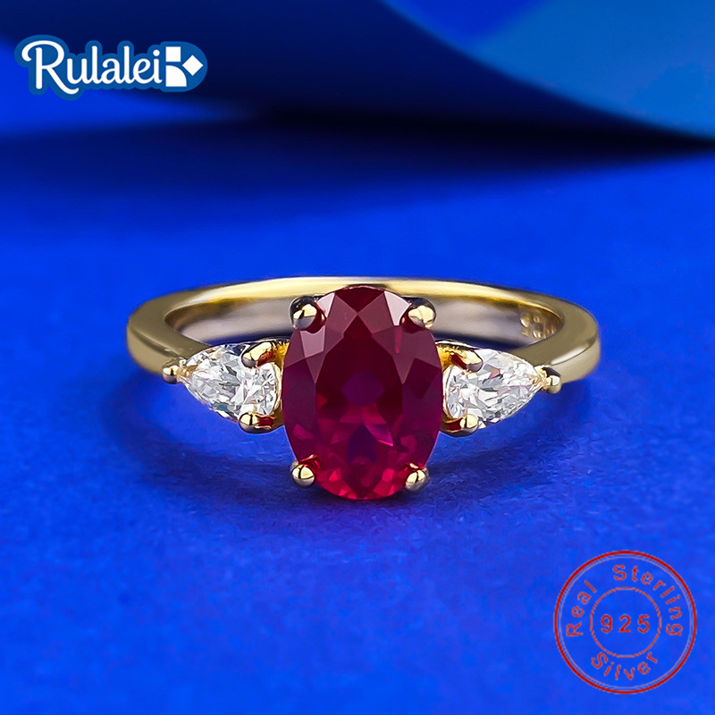 Rulalei 18K Gold Fill Genuine 100% 925 Sterling Silver Oval Cut 6*8 MM Ruby High Carbon Diamond Gemstone Women Bridal Rings Fine Luxury Jewelry Gift