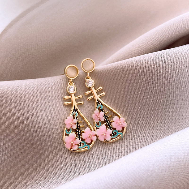 Silver needle zircon oil-drip guqin new Chinese style, elegant and classy earrings, light luxury high-end earrings wholesale-image-1100392383