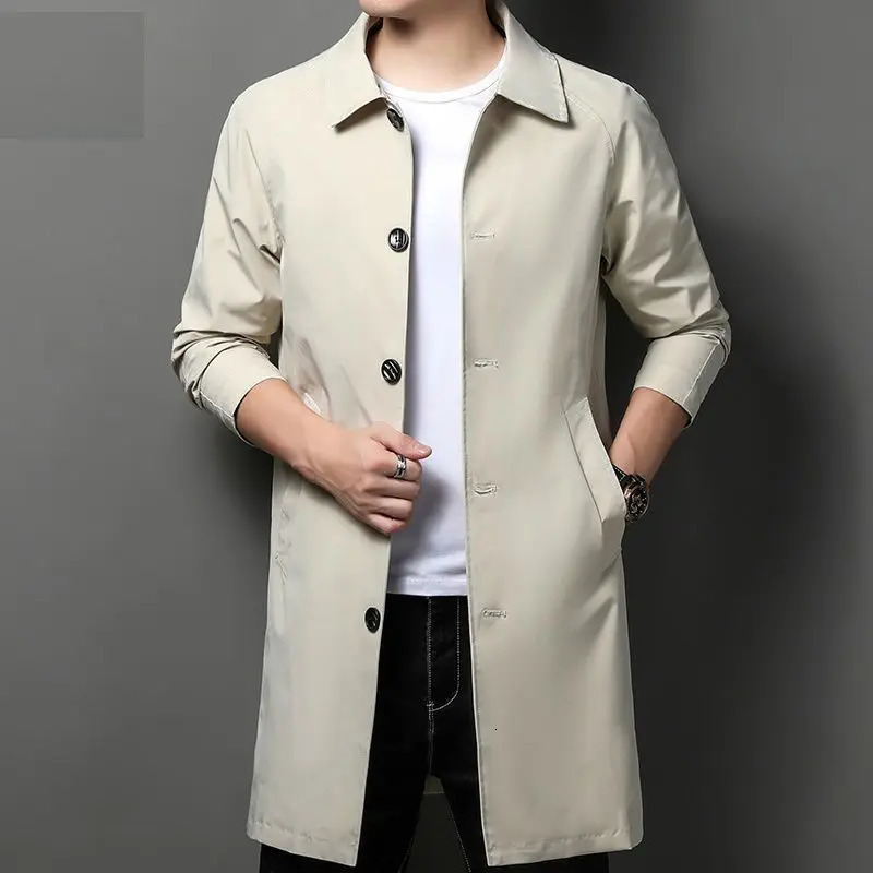 Spring Autumn Solid Color Turn-down Collar Long Sleeve Windbreaker Man High Street Casual Mid-length Button Pocket Cardigan 260403BJ