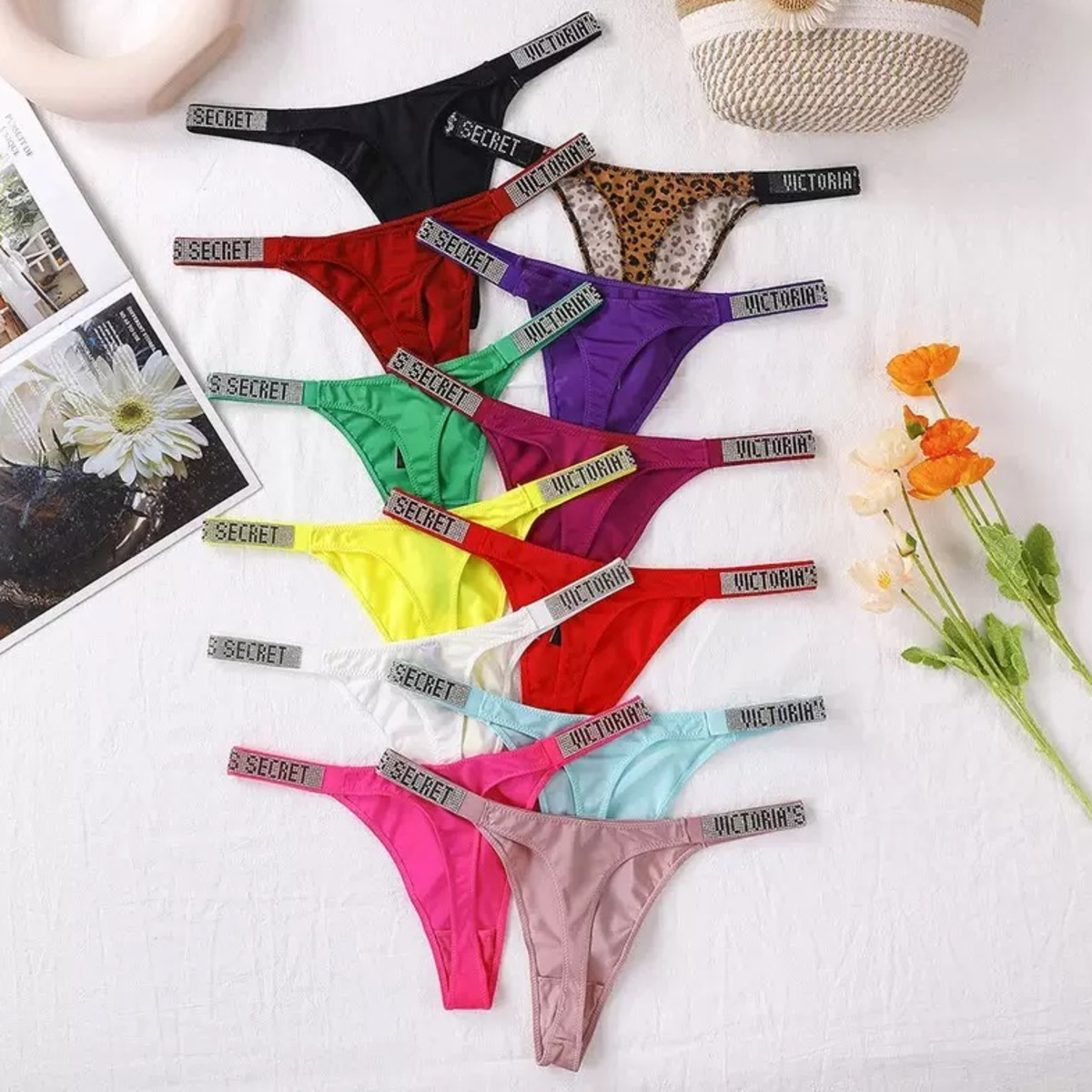 Victoriiasecrets Thong G-Strings Womens Low-Rise T-back Underpants Shiny Diamond Girls Sexy Alluring Triangle Panties Female Silk Ladies T-pant Lingerie Briefs $5