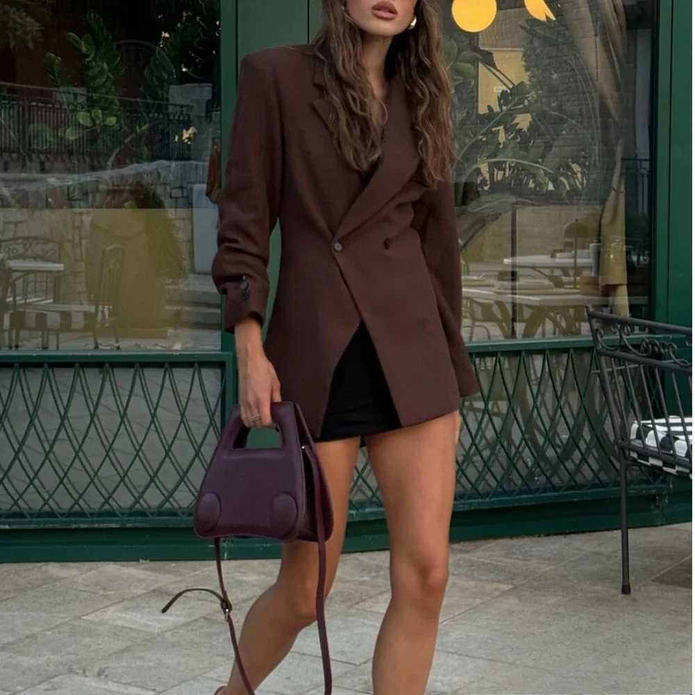 KONDALA Office Lady Brown Slim Blazer Women V Nwck Long Sleeve Blazers Fashion 2025 Autumn Winter Street Blazers Pockets OutwearT260406