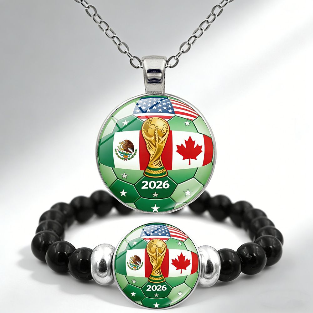World Cup Trophy Pendant Necklace for Fans 2026 Soccer Fan Jewelry Set with Chain and Bracelet Alloy Team Colors Gift for Men Women-image-1100520152