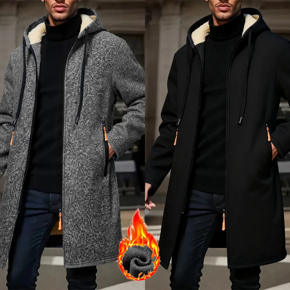 Mens Winter Warm Long Coat Zipper Jacket Zip Windbreaker Thick Fleece Windproof Overcoat Casual Contrast Color Hooded Jacket 260403BJ