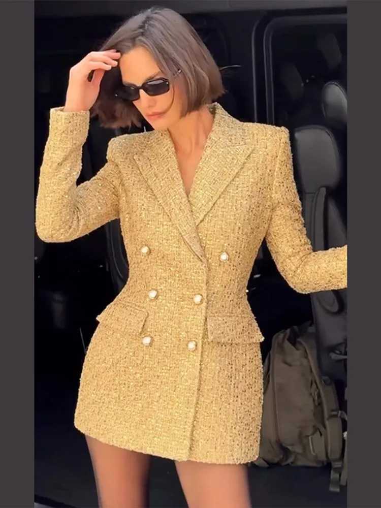 Elegant Sequined Slim Waist Blazer Women Lapel Golden Double Breasted Full Sleeve Shoulder Pad Suit Jacket 2026 Spring OutwearT260406