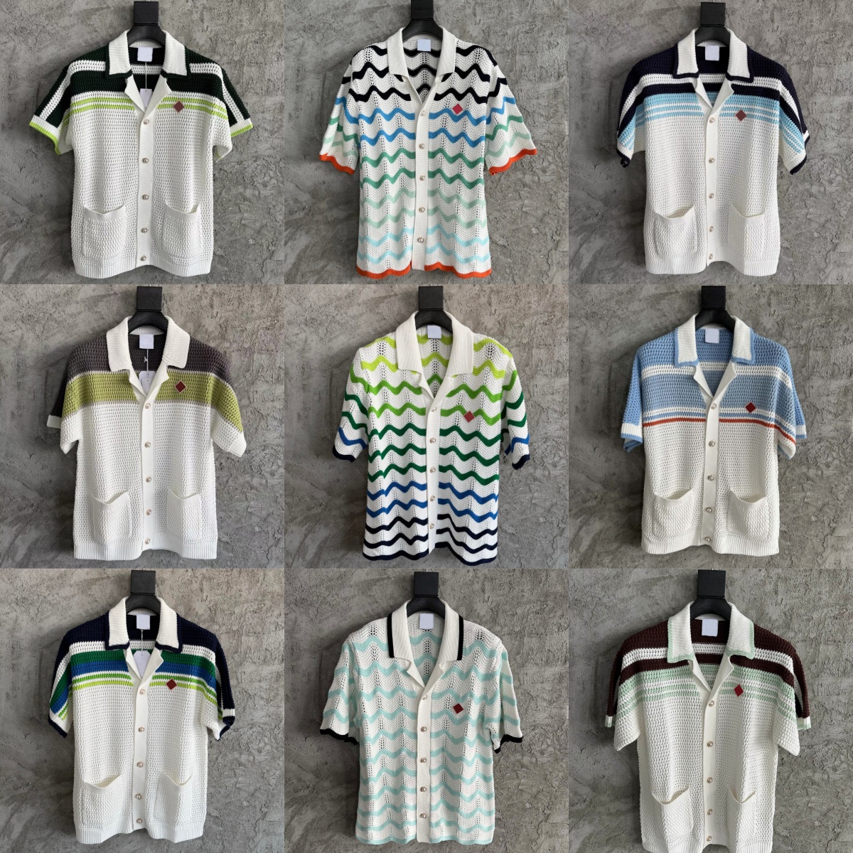 2026 Casabalnc Top Designer Summer New Woven Hollow-Out Yellow Striped Shirt Men and Women Vintage Style Casual Loose T-Shirt Knit Cardigan Short-image-921640764