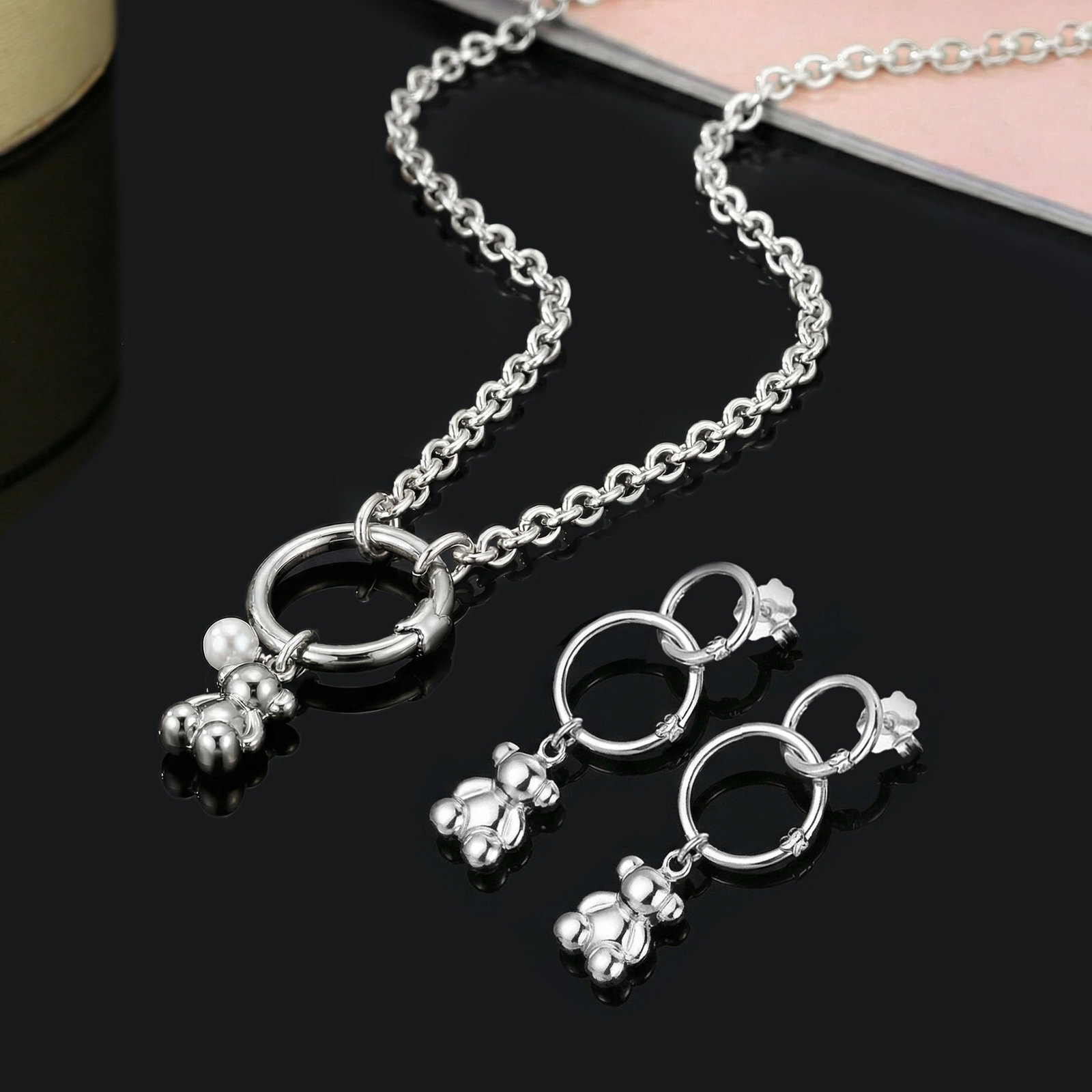 Fashion Women Men Silver Gold Stainless Steel Pink Pruple Green Bear Cartoon Animal Star Moon Heart Hollow Circle Pendant Earrings Sets Span Jewe-image-1100487888