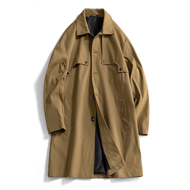 Mens Balmacaan Coat Long Trench Coat with Rivet Decor Trendy Spring Autumn Overcoat Loose Fit Streetwear 260403BJ