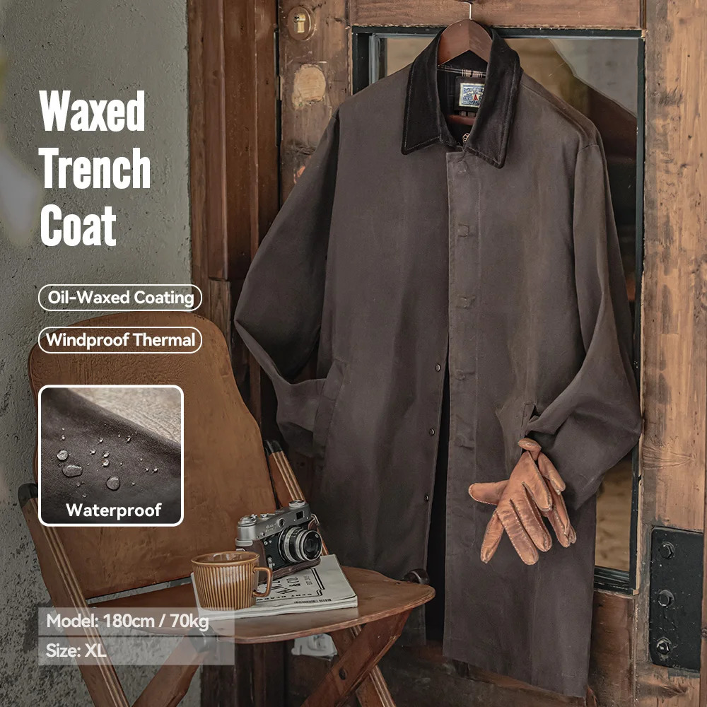 Maden Mens Vintage Waxed Windbreaker Corduroy Turn-down Collar Mid-length Overcoat Windproof and Waterproof Trench Loose Jacket 260403BJ