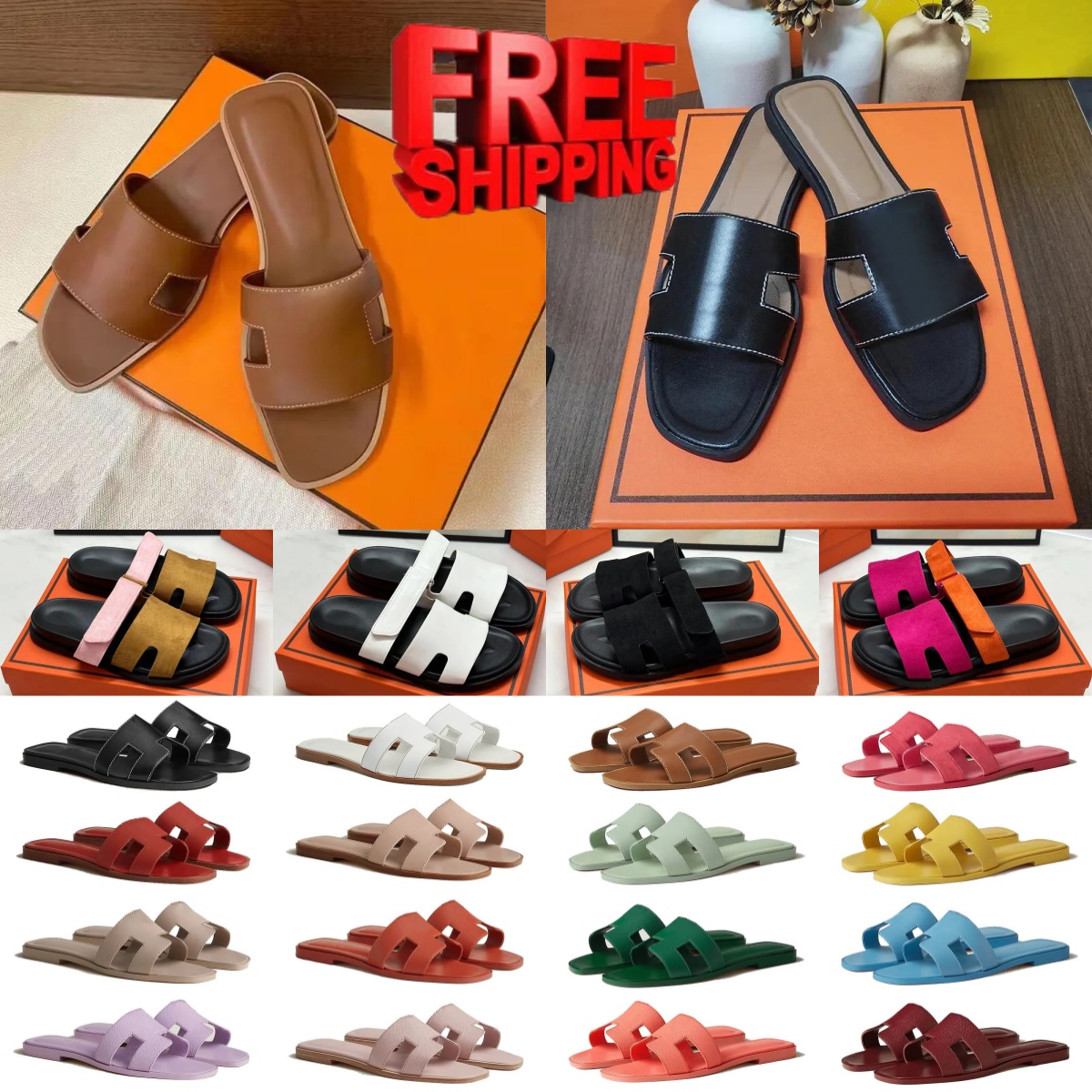 Free shipping H slides Designer Womens slides Slippers Fashion Floral Slippers Leather and Rubber Flats Sandals Summer Beach Shoes Bottoms Slippers
