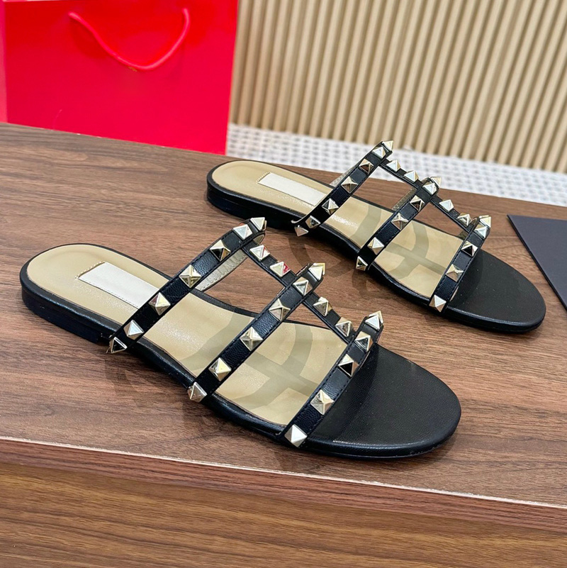Designer Slides Spikes Mule Stud Pool Sandal Black Leather Flats Slipper Lady Beach Summer Classic Casual Womens Size 35-41