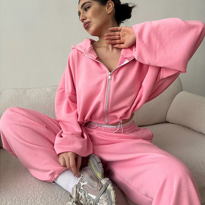 Womens Casual Solid Color Long Sleeve Zipper Cardigan Drawstring Hoodie Sweatshirt Elastic Pants TwoPiece Set 250906 c1