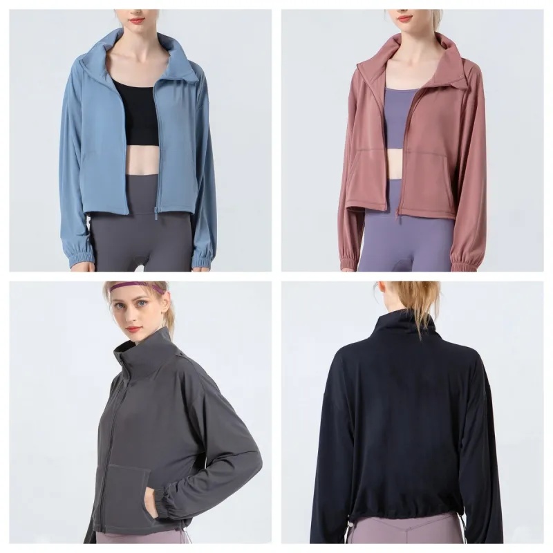 UU-934 Autumn and Winter New Stand Collar Yoga Suit Coat Women Loose Pocket Sports Jacket Running Fitness Clothing-image-944456474