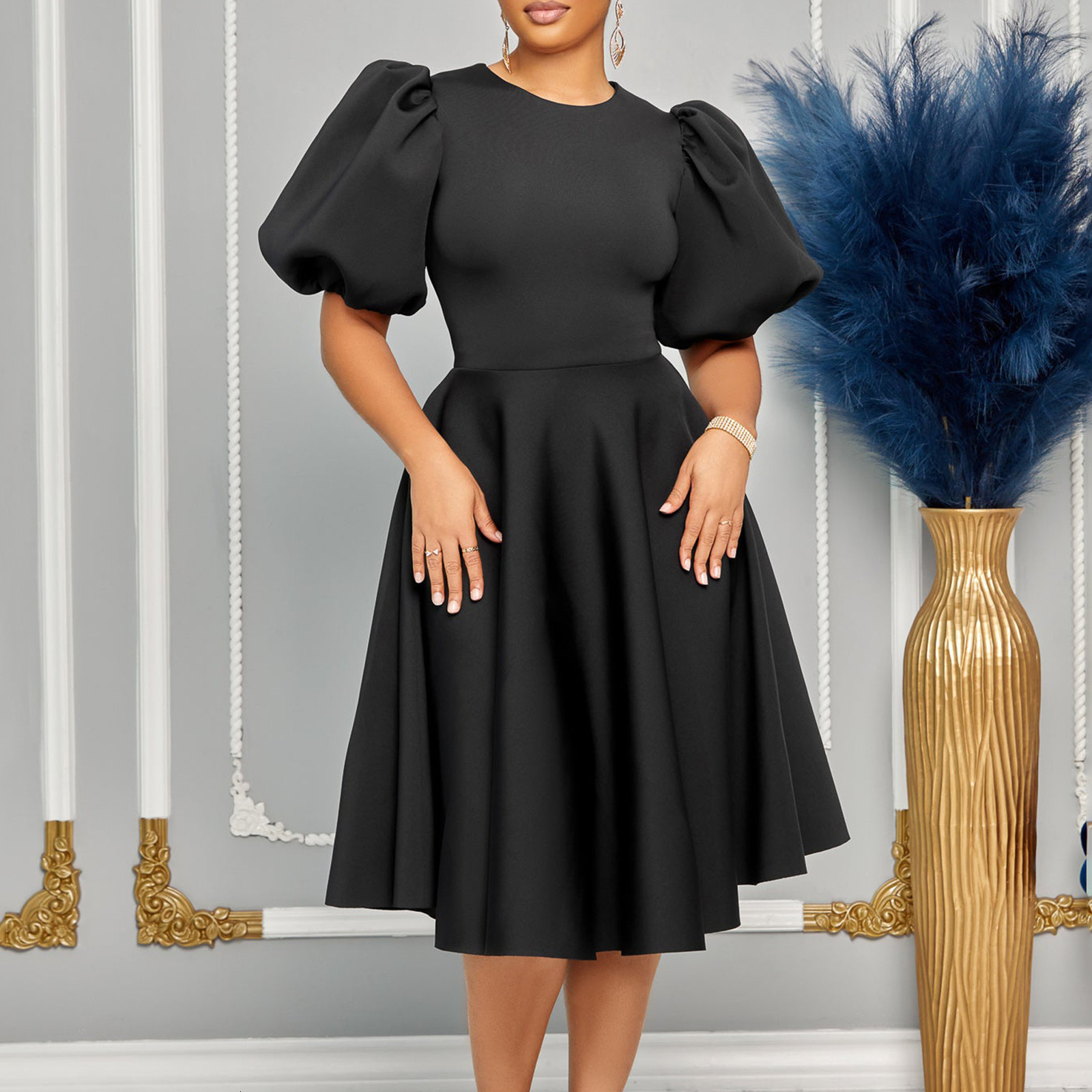 Plus size black casual womens dress with O-ring puff sleeves and A-line round neck slim fit Midi formal dress 240824