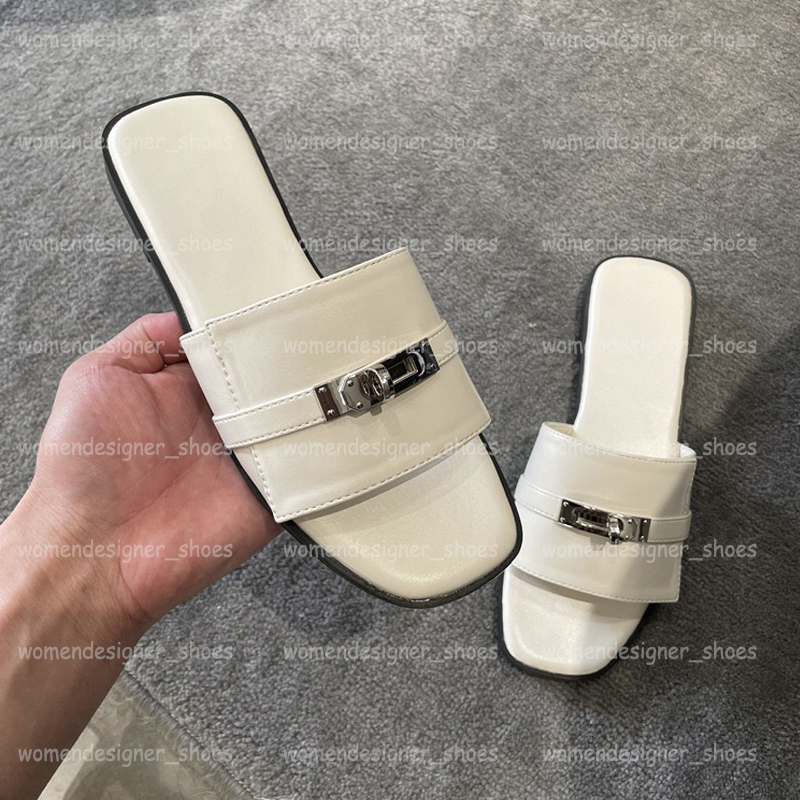 Designer Slides Sandals Women Flat Slippers Summer Buckle Slipper Genuine Leather Casual Beach Shoes Open Toe Comfortable Slip-on Sandles Size 35-image-946076741