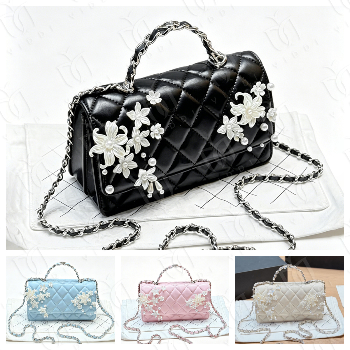 Designer Pearl Flower Flap Bag Chain Bag Top Handle Shoulder Bag Crossbody Quilted Lambskin Handbag for Ladies Premium Designer Evening Party Bag We