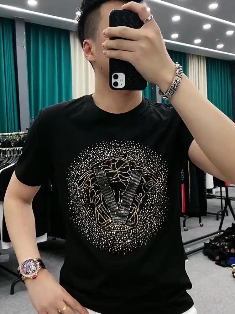Men's Black T-Shirt, Chinese Style 100% Cotton Longline Casual Shirt - Loose Fit, Short Sleeve Round Neck Top with Crystal Slogan Print for Everyday