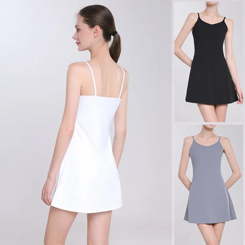 UUwomen-714 Yoga Thin Strap Dress Tennis Tank Tops With Chest Pad High Elastic Slim Fit Breathable Sports Dress-image-944456580