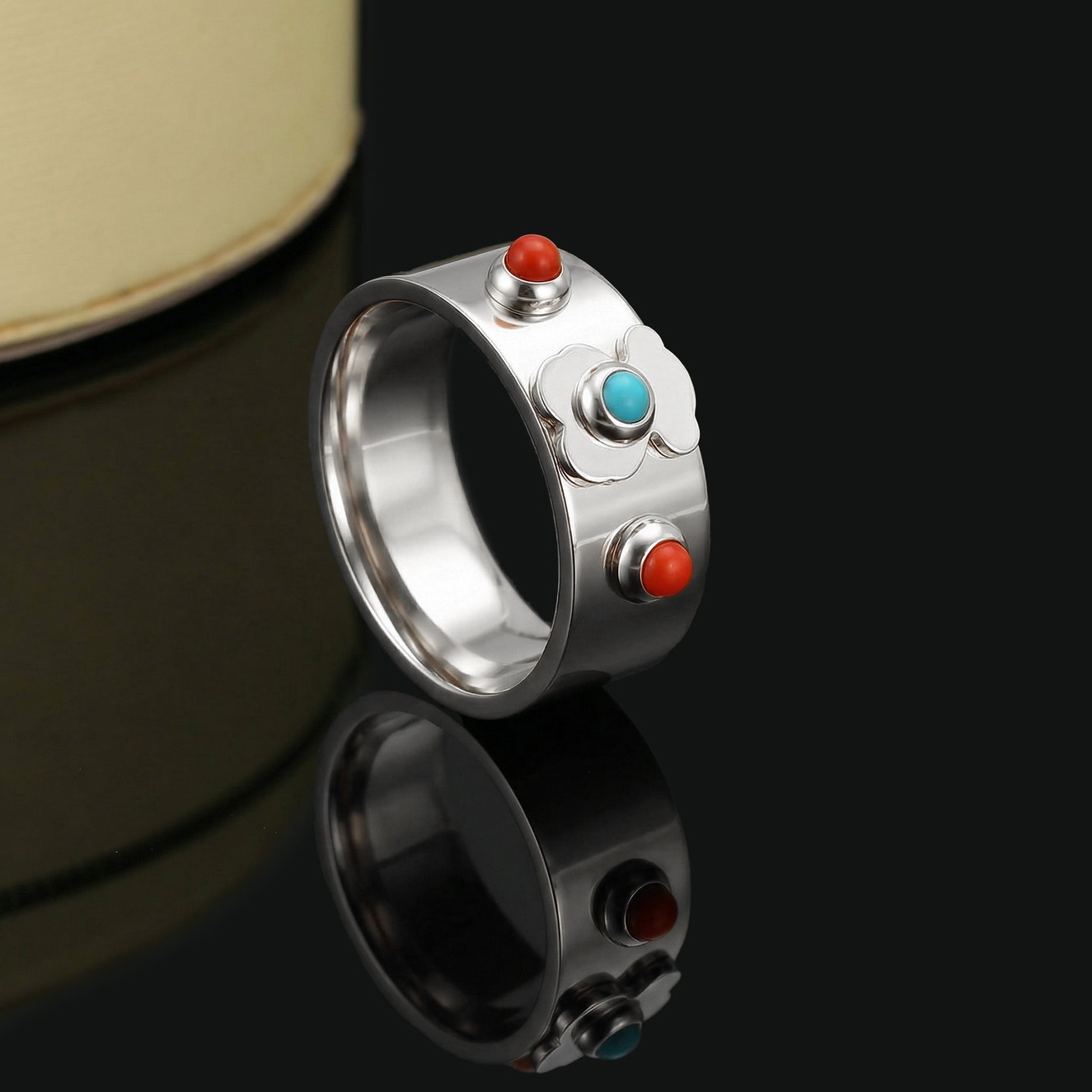 Fashion Women Men Silver Gold Stainless Steel Span Bear Cartoon Animal Round Circle Red Pearl Wire Rings Jewelry A Gift-image-1100649362