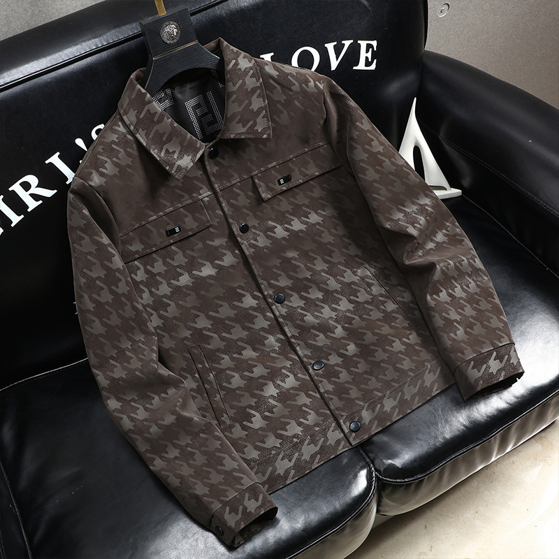 Luxury Brand Designer Clothes High-End Designer Apparel 2024 New Men's Plaid Collared Leather Jacket, Slim Fit Korean Style, Stylish And Trendy