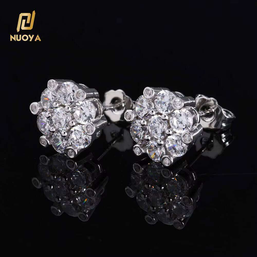 Fashion Jewelry Iced Out Diamond Earring Gold Silver Color Bling Round Brilliant Cut Ice with VVS moissanite Flower Stud Earrings for Women