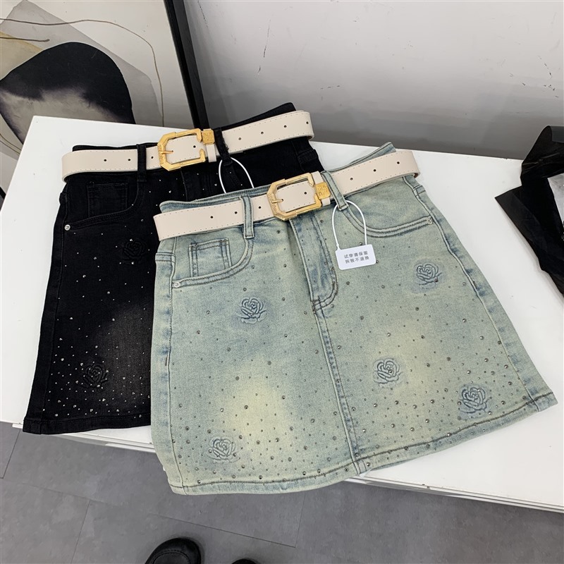 Jupes Demi-jupe fille épicée style cowboy pour l'été ornée de strass taille haute élégante et sexy