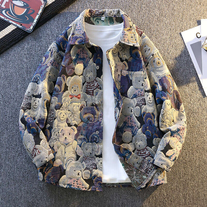 New Fashionable Casual Trendy Spring And Autumn Loose Fit Bear Print Jacket Shirt For Men