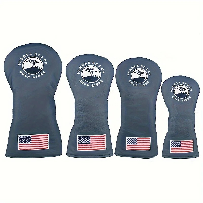 Golf Club Head Cover PU Leather, Navy Blue Black Hybrid and Fairway Wood Covers with American Flag Patch, Tree Pattern Golf Club Protector