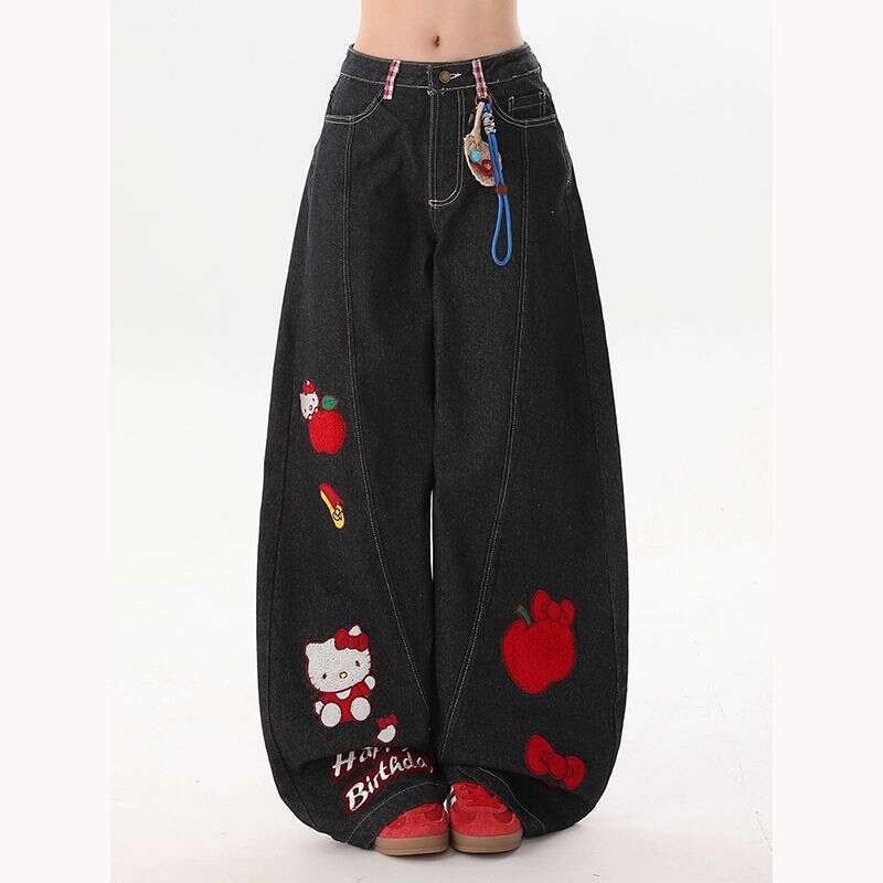 American Retro Cartoon Cat Embroidered Scythe Jeans For Women Summer New Style Loose And Slimming Wide-Leg Pants