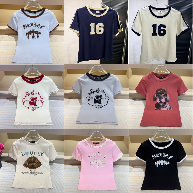 Women's clothing designer rhinestone letter cross print slim fit summer tight fitting short sleeved Y2K clothes