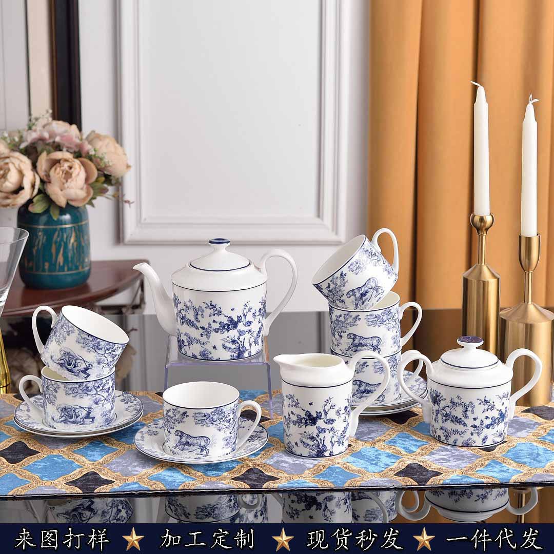 Coffee set Coffee cup saucer with pot Bone china 15-piece gift box packaging Tea cup Tea set Gifts-image-1100621269