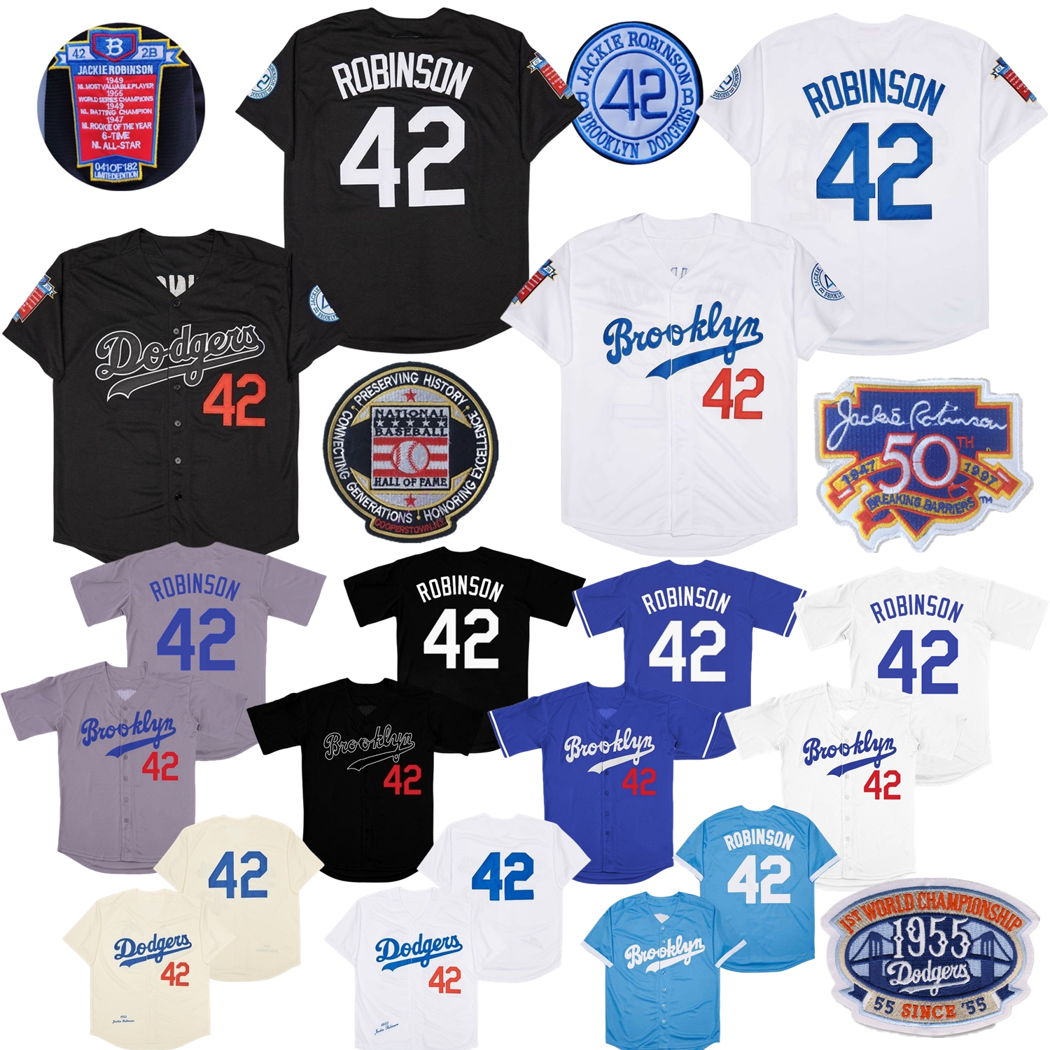 Baseball Jackie Robinson Jersey Vintage Brooklyn 1955 Crème Gris Blanc Noir Bleu Gris Hall Of Fame Patch Taille Adulte S-3XL