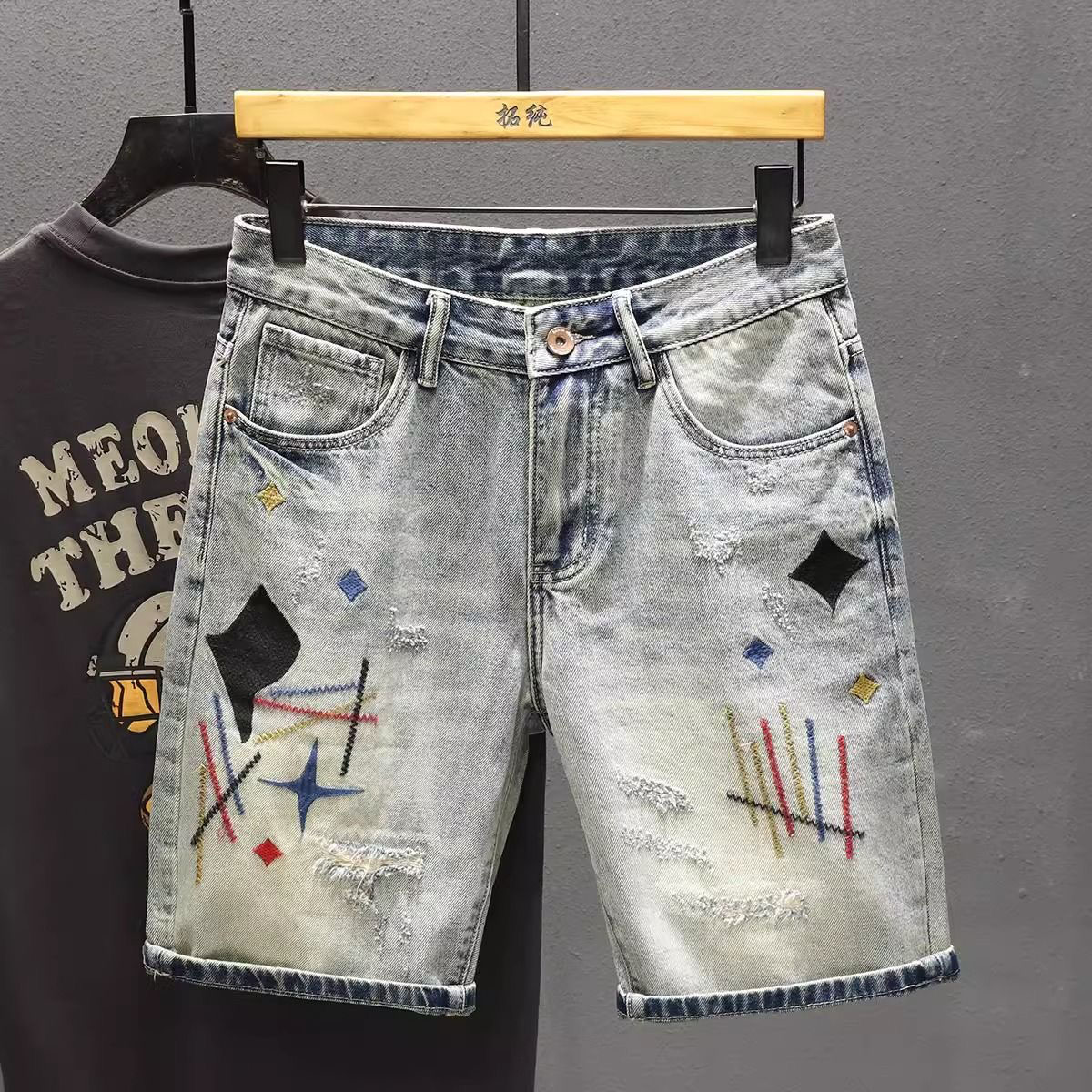 2026 Men's Embroidered Denim Shorts Unique Hole-Punched Five-Pocket Thin Style Trendy Summer New Design Loose Retro Pants - Little Joy 88