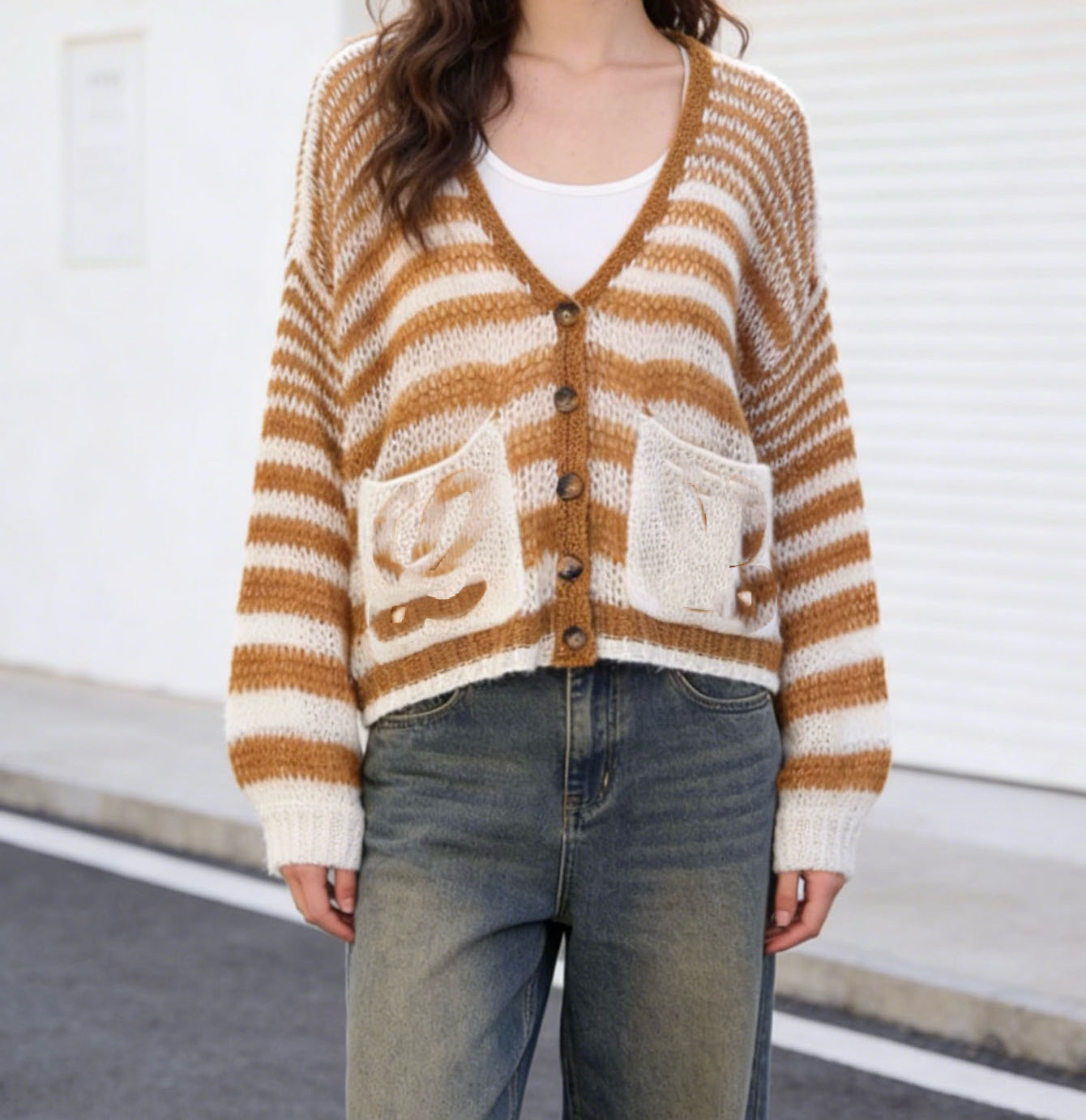 Designer knitted sweater Women's Striped Knit Cardigan V Neck Button Down Loose Sweater with Pockets Casual Long Sleeve Cropped Knitwear for Sp