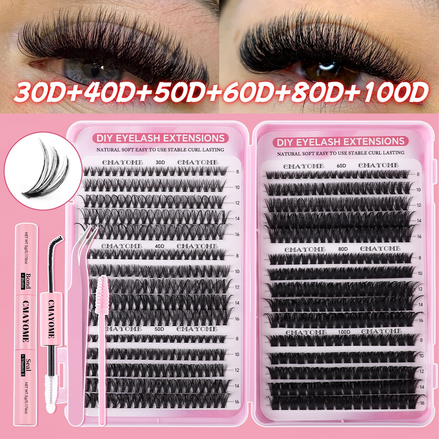 DIY Eyelash Extension Kit with Lash Bond & Seal Strong Hold Fluffy Wispy Lash Clusters D Curled DIY Individual Eyelashes Soft Lightweight Natural-image-1100701183