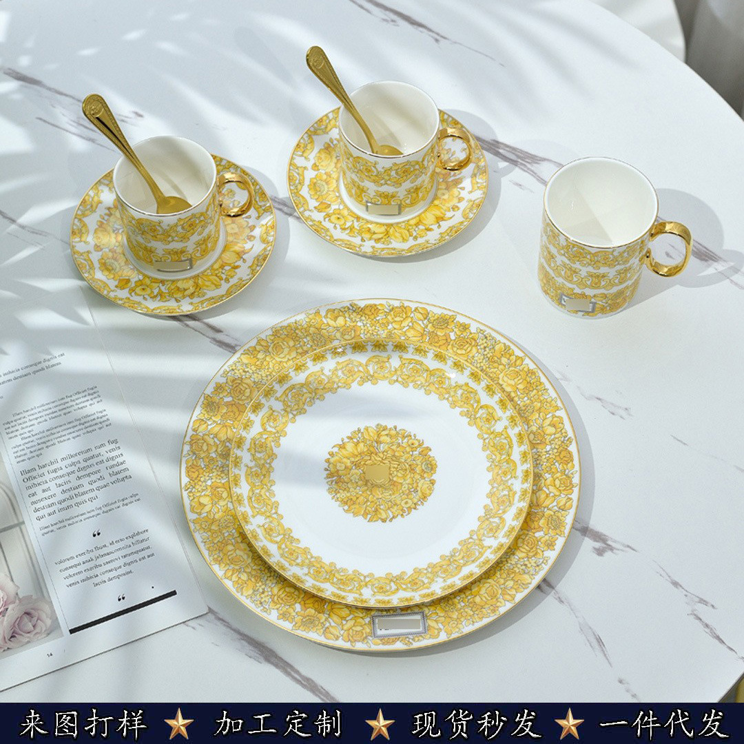 European-style high-end bone china dinner plate, coffee cup and saucer combination tableware set, high-end gift-image-1100884415