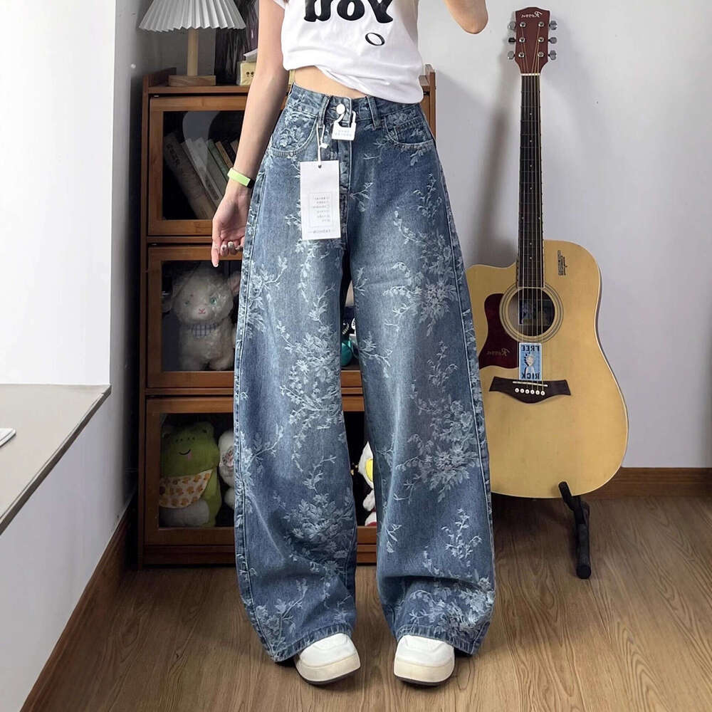 Jacquard Embroidered Women's Jeans Early Autumn High-Waisted Loose Wide-Leg Vintage Straight-Leg Long Pants Floor-Length Available For