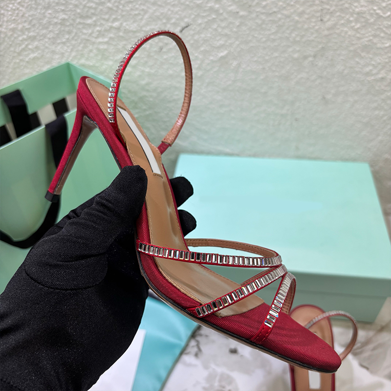 Free Shipping Elegant Stiletto Sandal Memoire Mules Designer Crystal Halter Sandals Elasticated Slingback Shoes Summer Sandals Fashion High Heel Dre